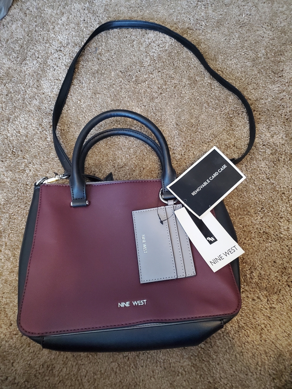 NWT Nine West Burgundy and Black Satchel with Gray Card Case